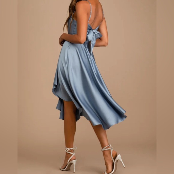 Lulus Days Like Today Blue Satin Asymmetrical Tie-Back Midi Dress - Picture 3 of 8